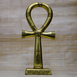 Egyptian Ankh statue with gold-tone finish, museum reproduction, front view