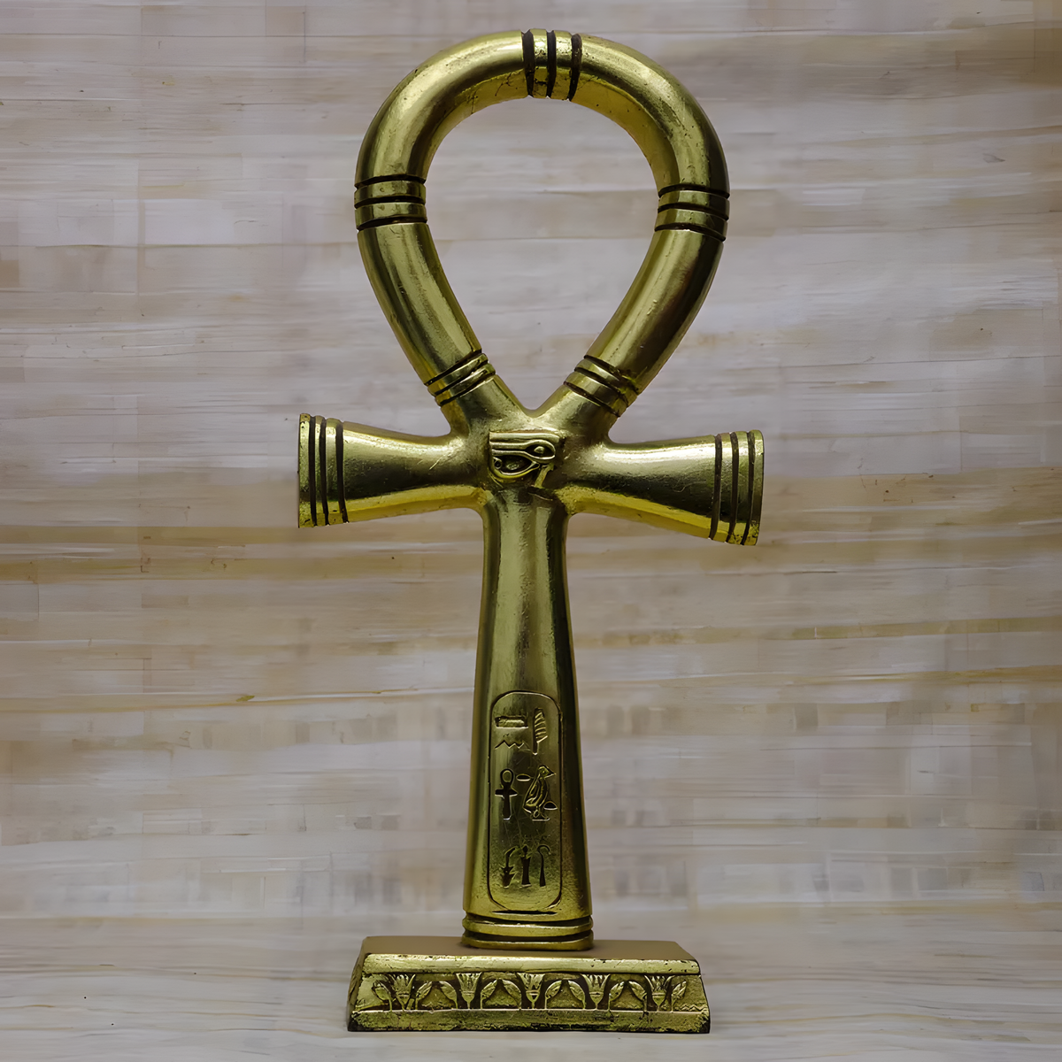 Egyptian Ankh statue with gold-tone finish, museum reproduction, front view