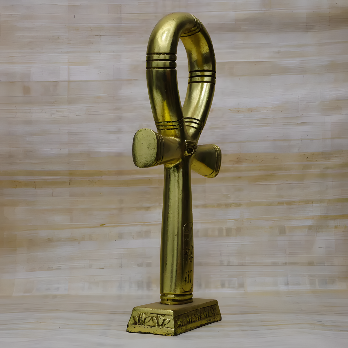 Gold-tone Egyptian Ankh statue, museum reproduction, close-up detail