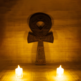 Egyptian Ankh sculpture, museum reproduction, angled view