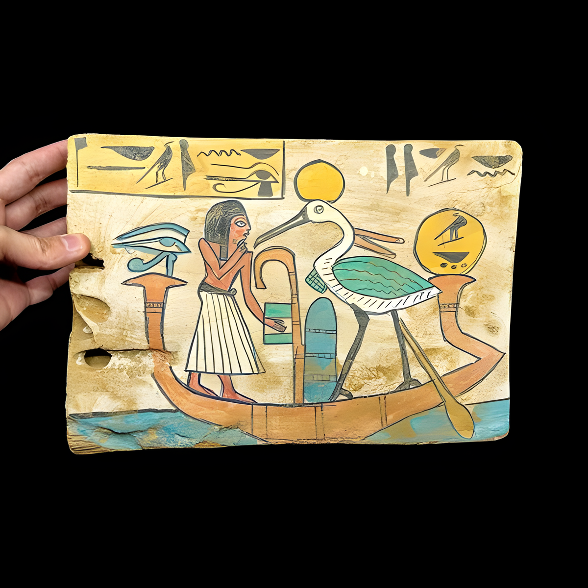 Egyptian Sun God Ra wooden plaque, museum reproduction, front view of the solar boat relief