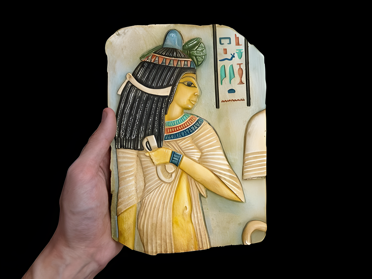 Hand-carved Cleopatra bas-relief stone tablet, museum reproduction