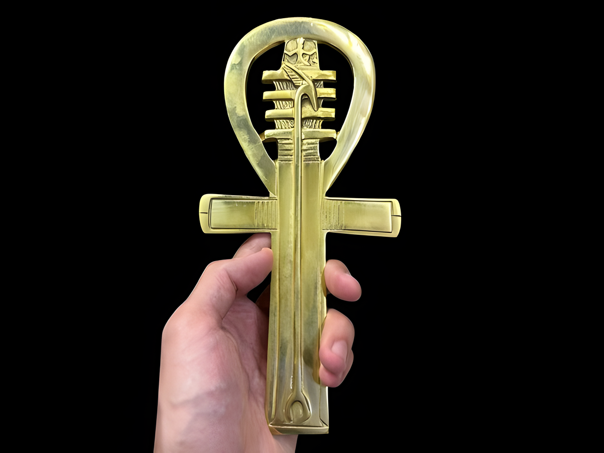 Golden-toned brass Ankh cross with Thoth theme, museum reproduction, front view