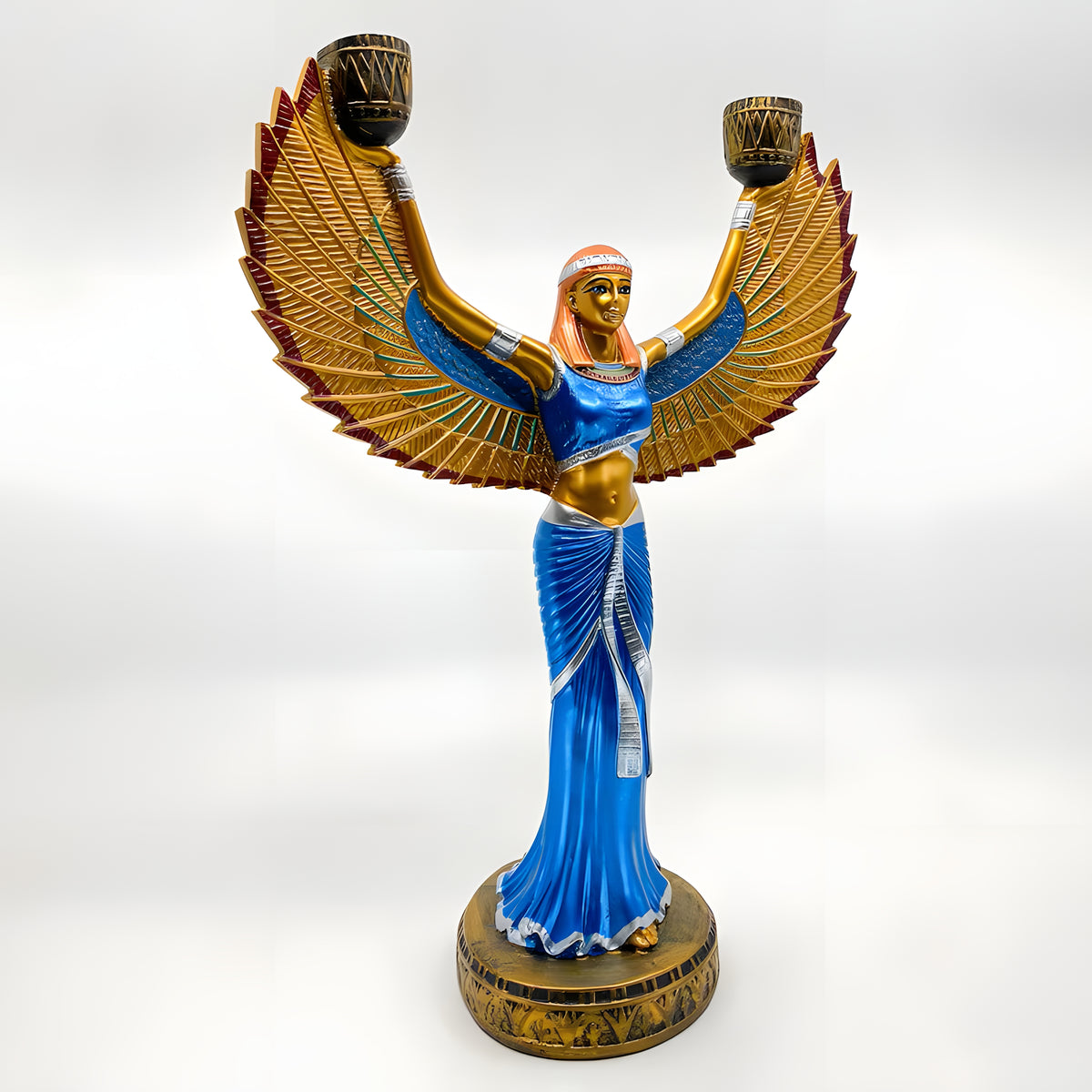 Side profile view of the handmade Isis candle holder statue museum reproduction