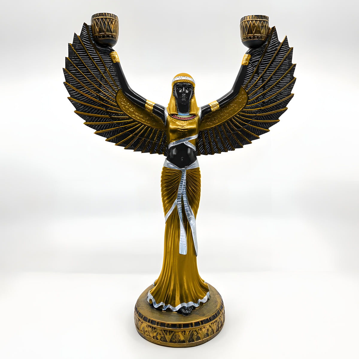 Isis statue with candle holder museum reproduction, three-quarter view