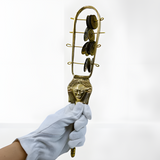 Handcrafted brass Hathor sistrum museum reproduction, front view showing Hathor-head motif