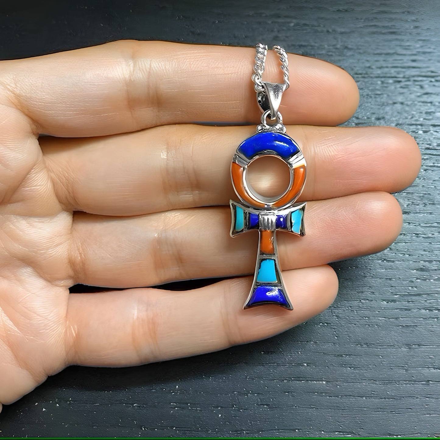 Handcrafted ankh pendant necklace in stainless steel, close-up of pendant detail