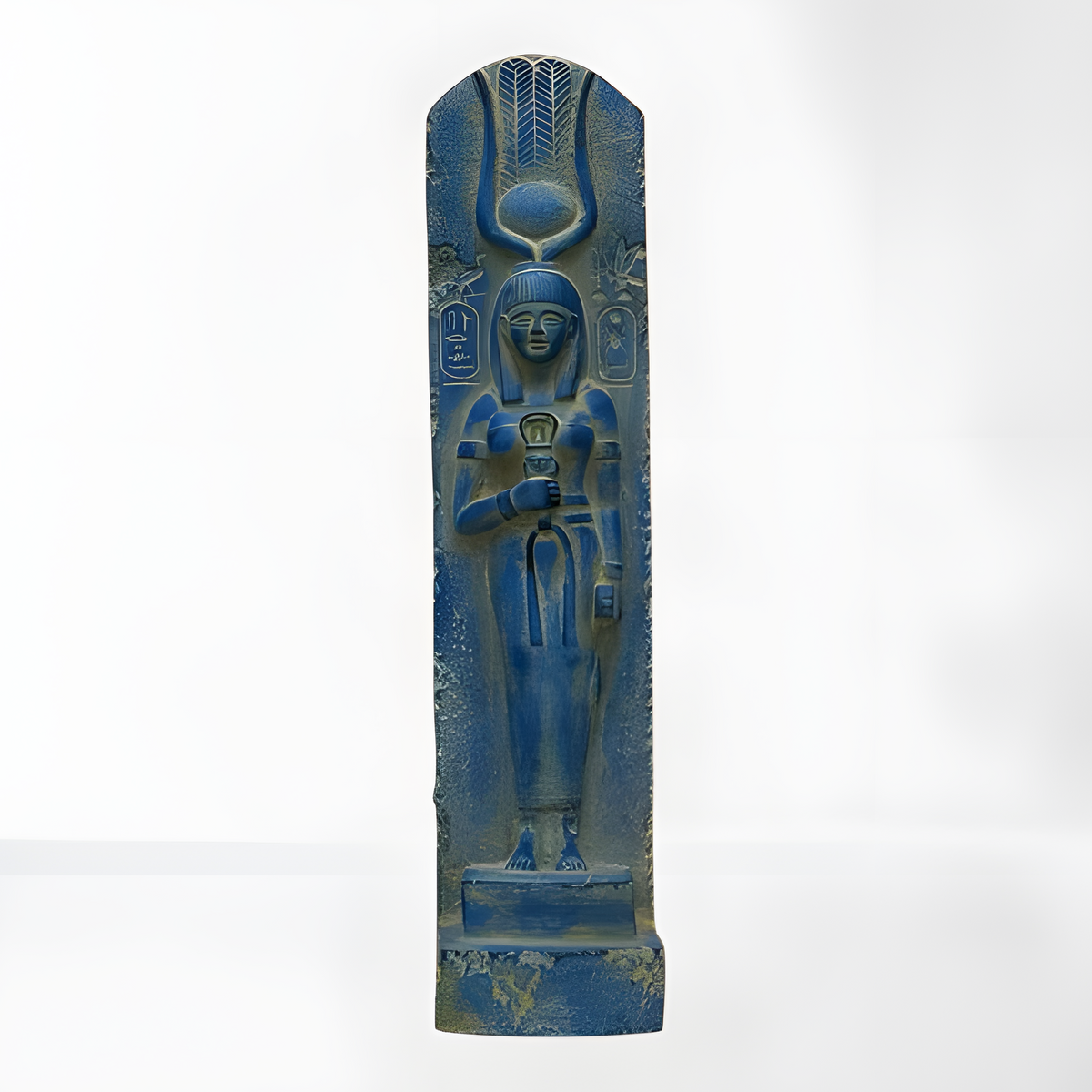 Handcrafted Hathor statue in blue stone, museum reproduction, front view