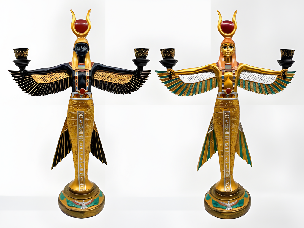 Winged Isis candle holder statue, museum reproduction — front view with wings spread