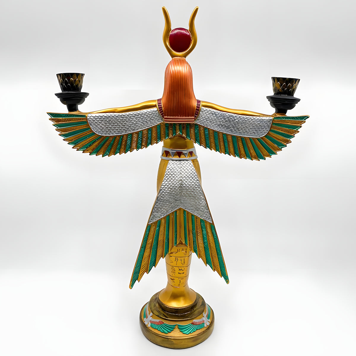 Winged Isis candle holder statue, museum reproduction — detail of the goddess figure