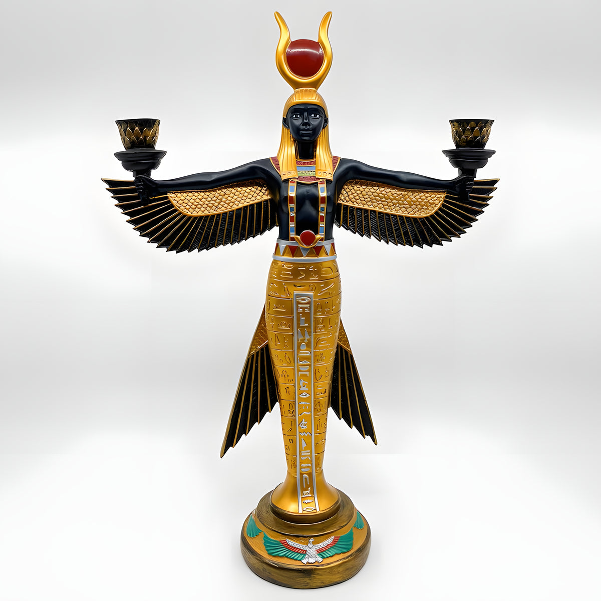 Winged Isis candle holder statue, museum reproduction — detail of the outstretched wings