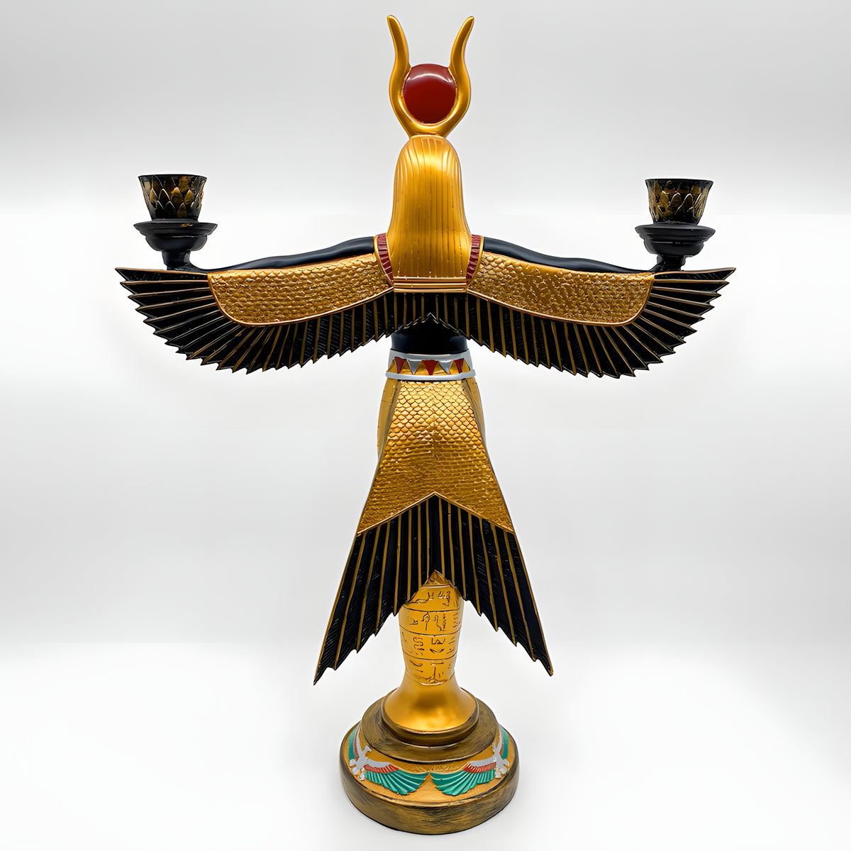 Winged Isis candle holder statue, museum reproduction — view of the candle holder