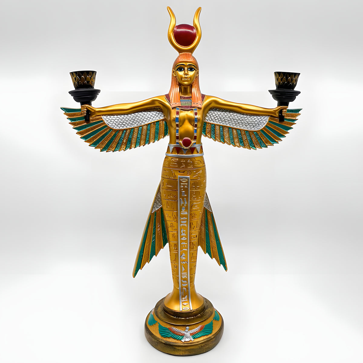 Winged Isis candle holder statue, museum reproduction — full statue displayed