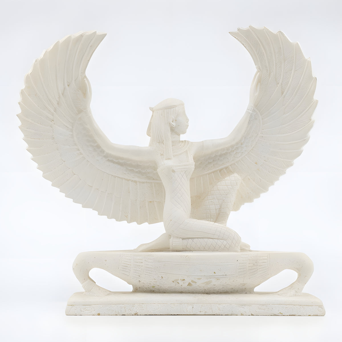 Alabaster Isis statue, museum reproduction — front view of the hand-carved goddess