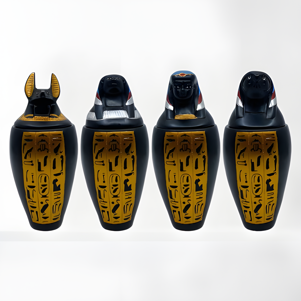 Polystone canopic jar set, museum reproduction — close-up of hand-painted hieroglyphic detail