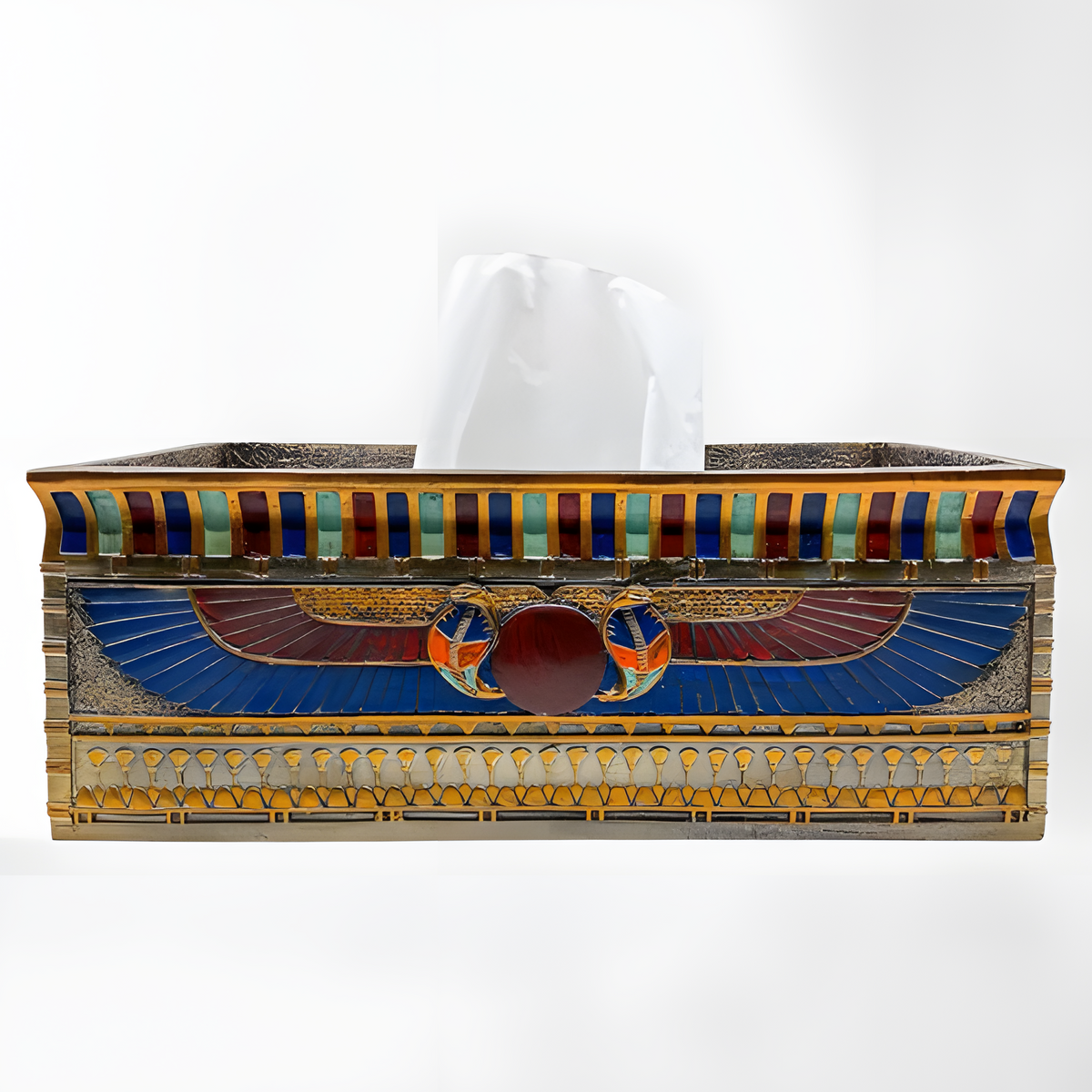 Handmade Egyptian polystone tissue box with winged sun and Eye of Horus design, front view
