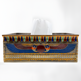 Handmade Egyptian polystone tissue box with winged sun and Eye of Horus design, front view