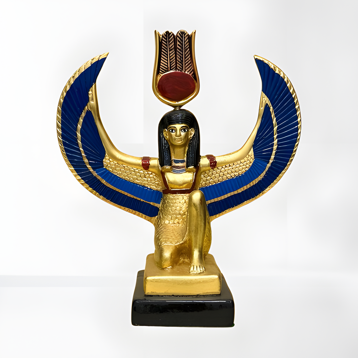 Handmade Isis statue with gold-tone accents and blue wings, museum reproduction — front view
