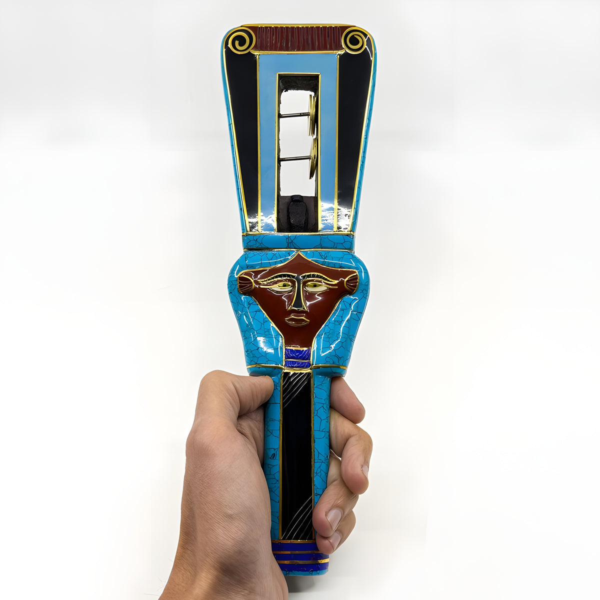 Handcrafted polystone Hathor sistrum museum reproduction, front view