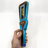 Hathor sistrum museum reproduction, side view showing Hathor-head detail
