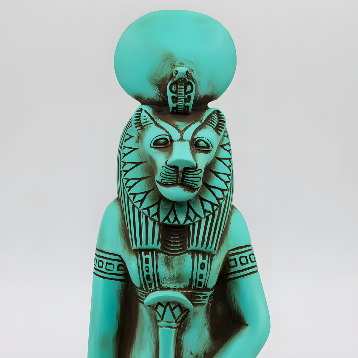 Blue Sekhmet statue museum reproduction, front view
