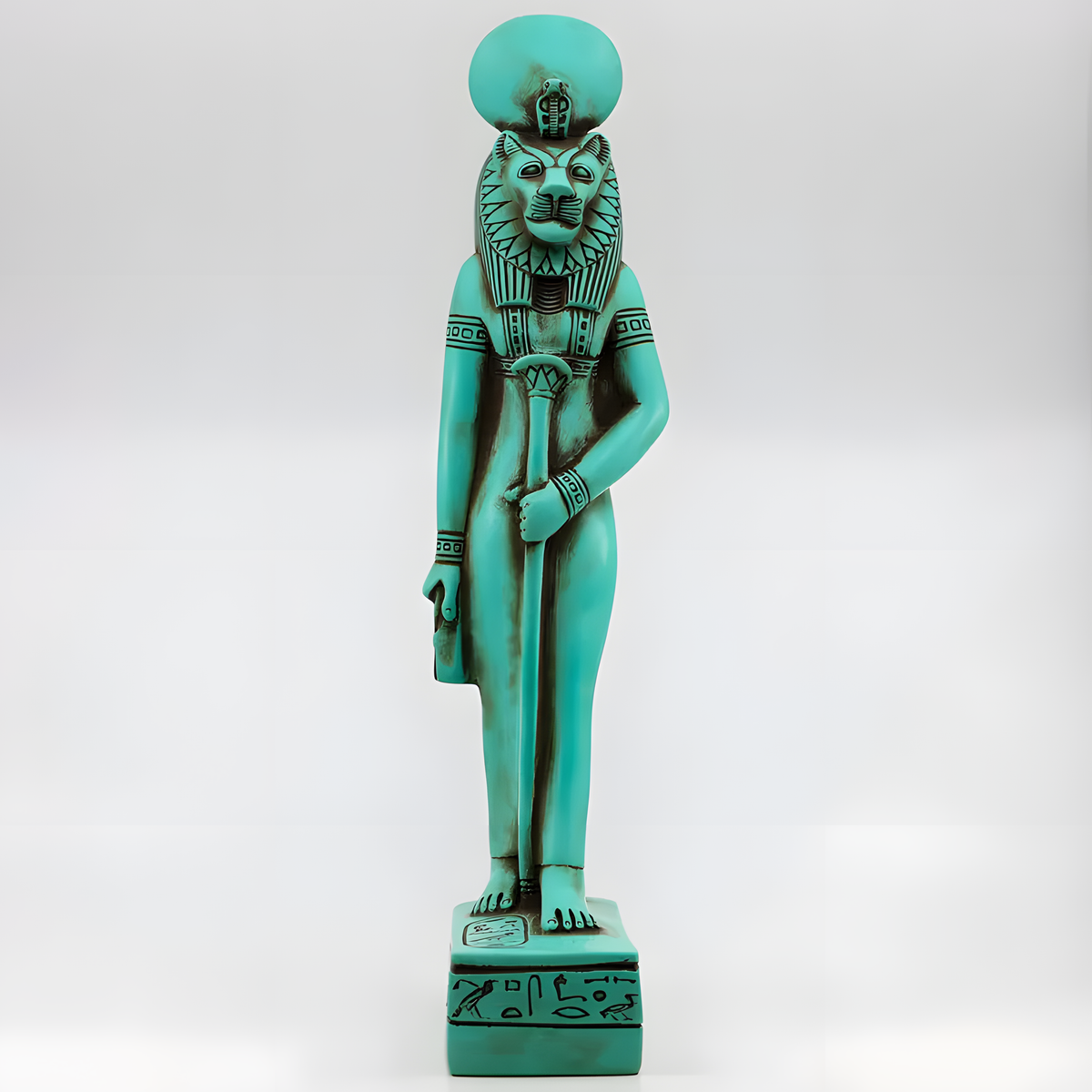 Blue Sekhmet statue museum reproduction, close-up detail