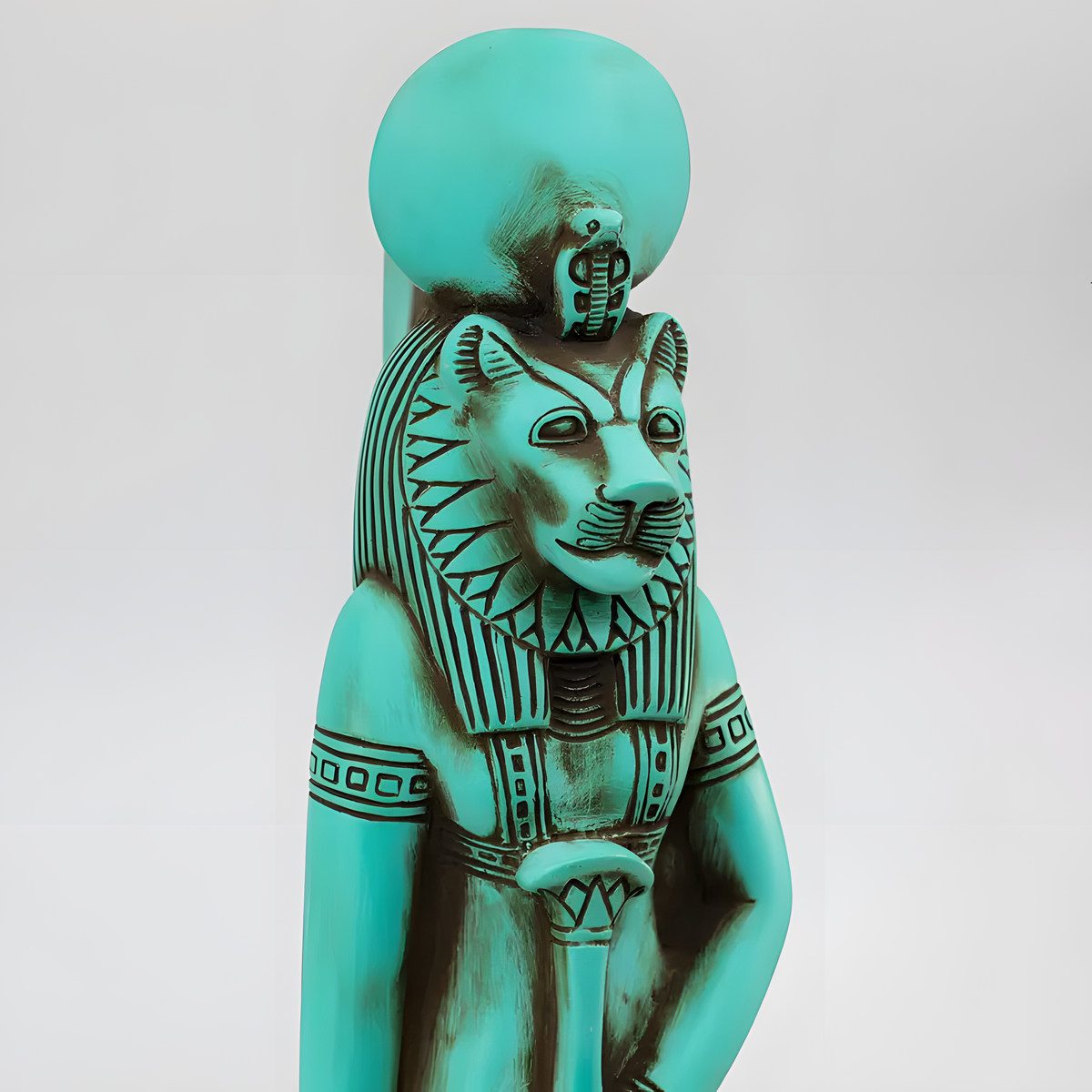 Blue Sekhmet statue museum reproduction, angled view