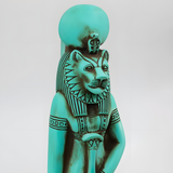 Blue Sekhmet statue museum reproduction, angled view
