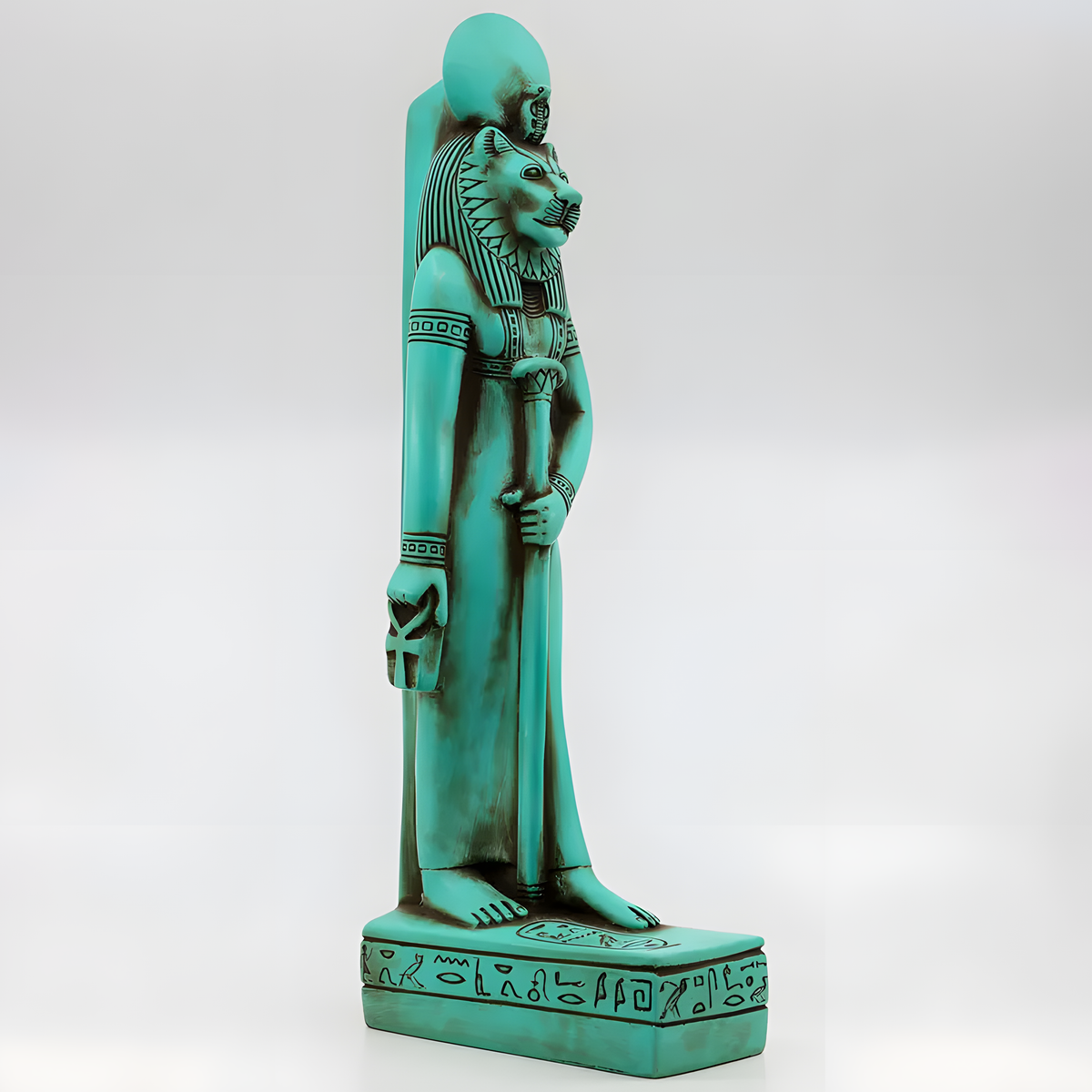 Blue Sekhmet statue museum reproduction, side view