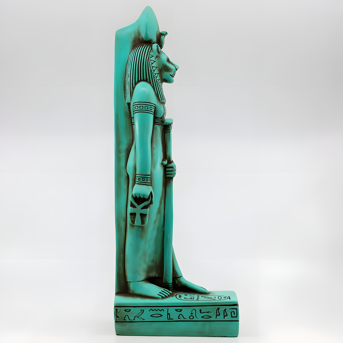 Blue Sekhmet statue museum reproduction, back view