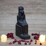 Black stone Sekhmet statue museum reproduction, front view