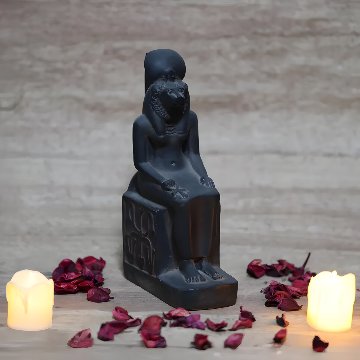 Black stone Sekhmet statue museum reproduction, front view