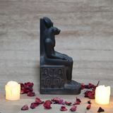 Black stone Sekhmet statue museum reproduction, side view