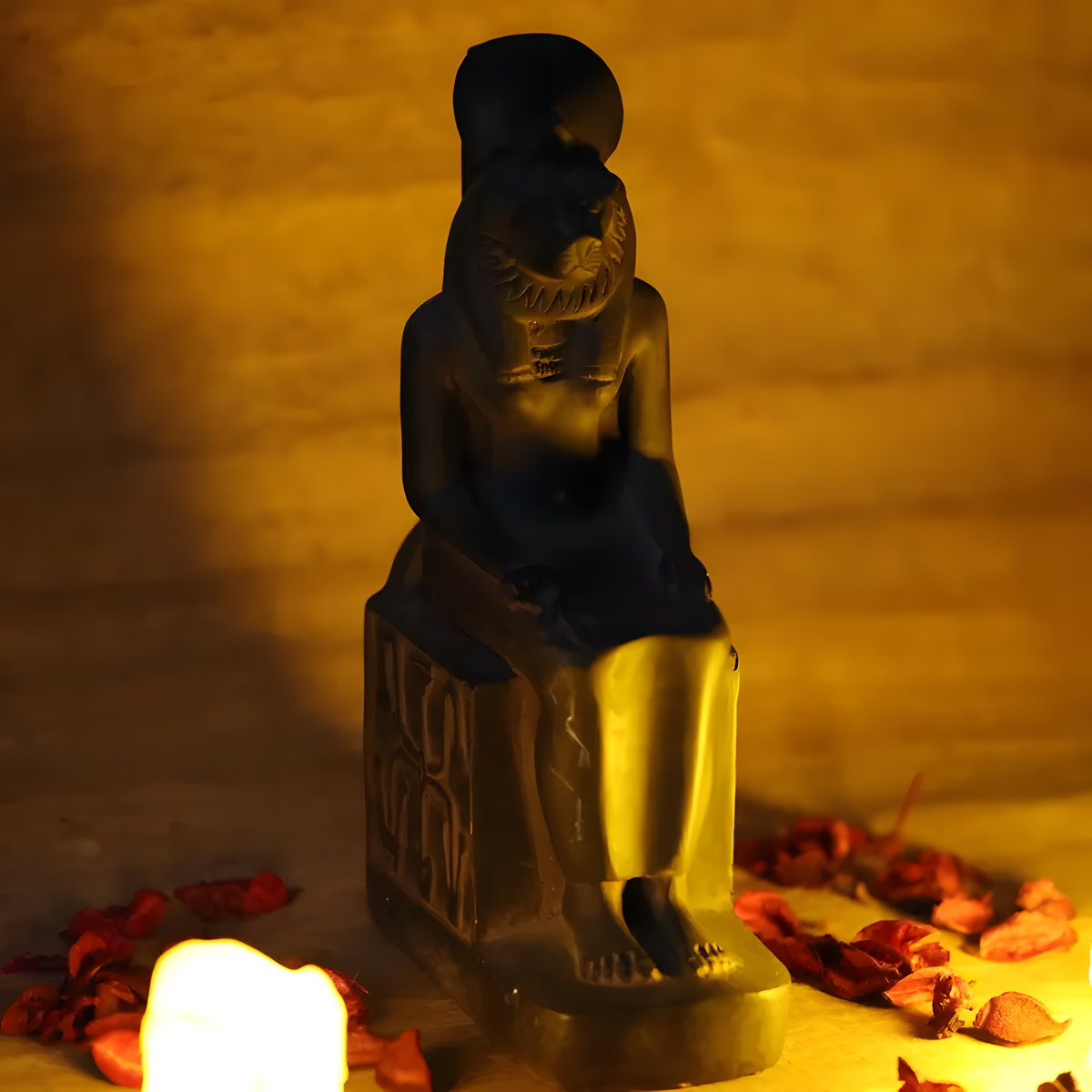 Black stone Sekhmet statue museum reproduction, angled view