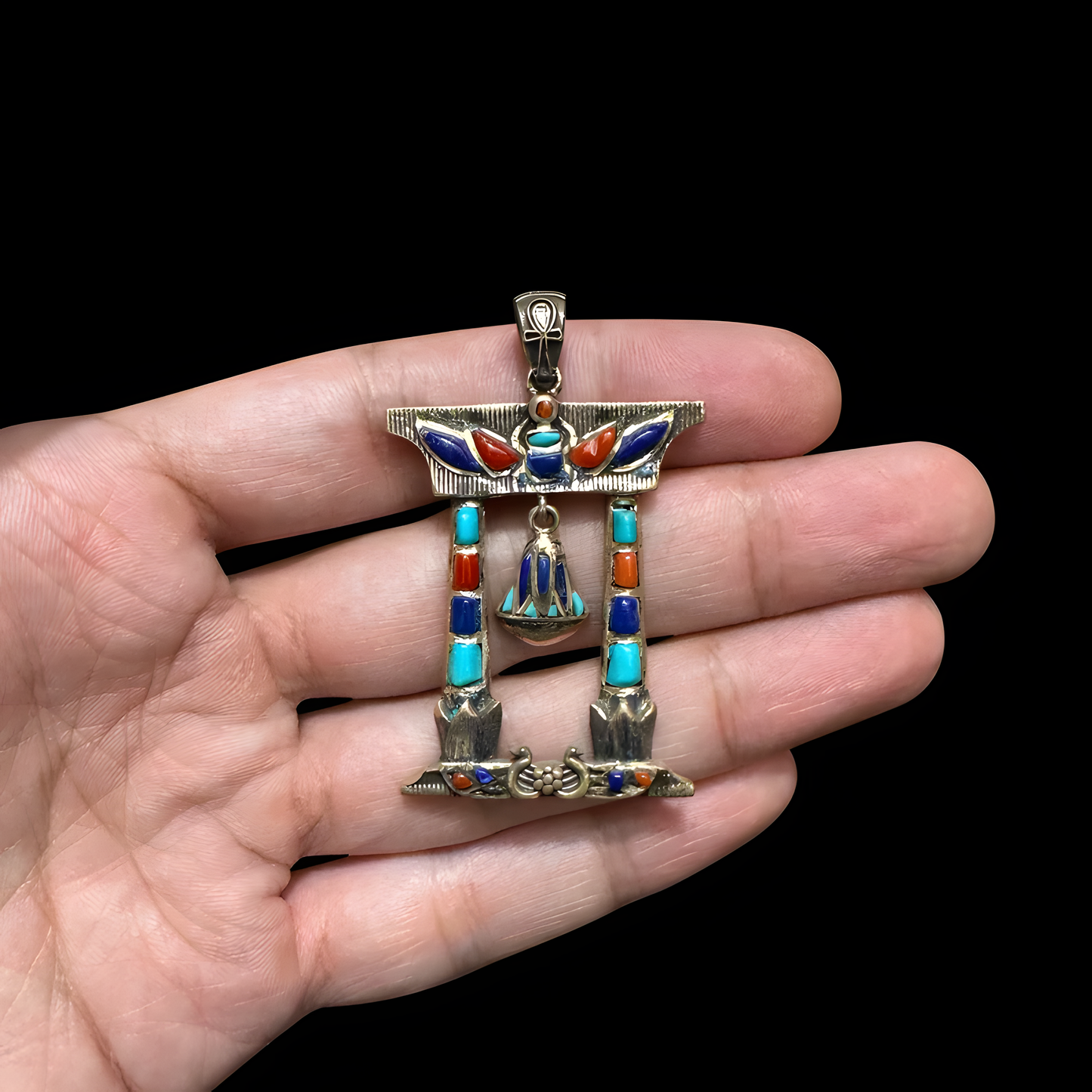 Handmade silver Hathor temple pendant necklace with antique-silver finish