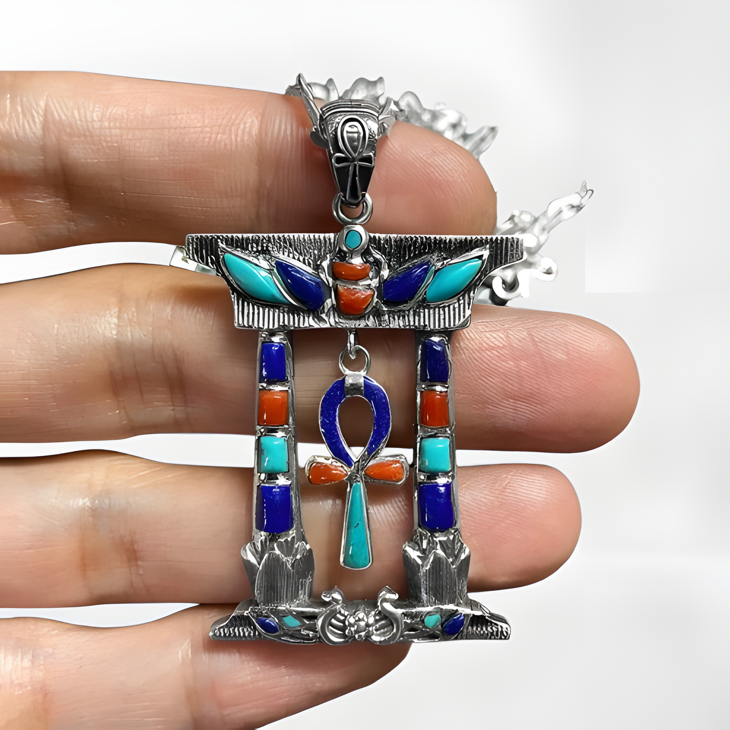 Handcrafted silver Egyptian ankh pendant with lapis-tone, turquoise-tone, and coral-tone inlay accents