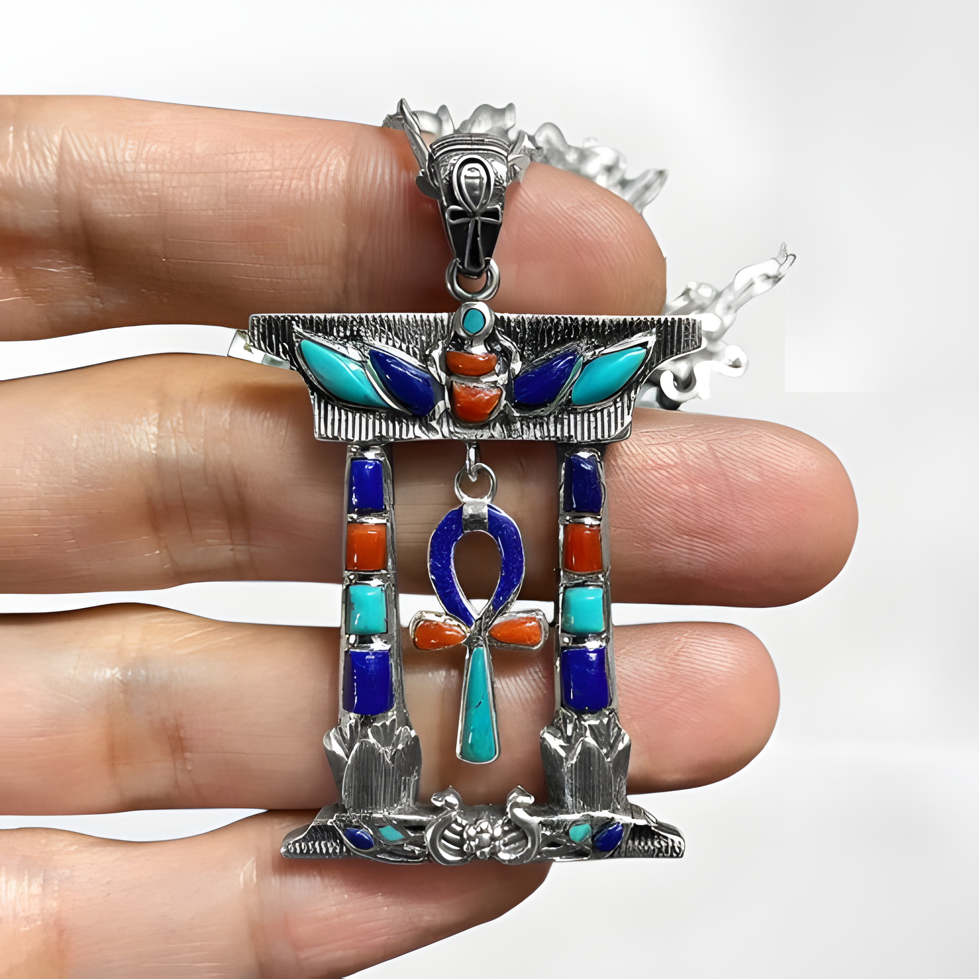 Handcrafted silver Egyptian ankh pendant with lapis-tone, turquoise-tone, and coral-tone inlay accents