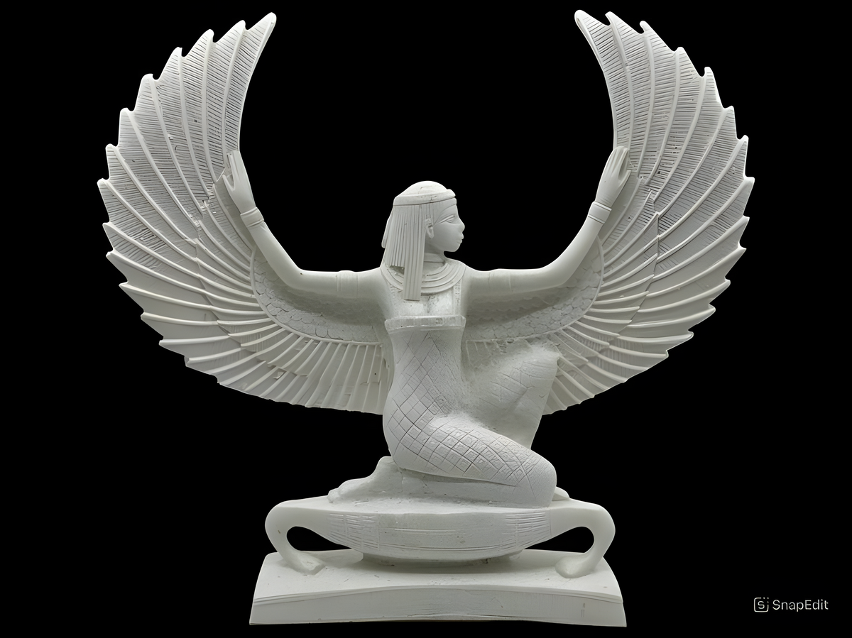 Isis statue replica, alabaster winged goddess museum reproduction
