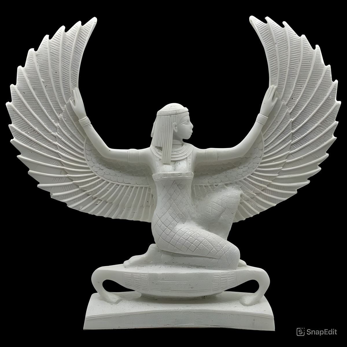 Close-up of wing detail on alabaster Isis statue