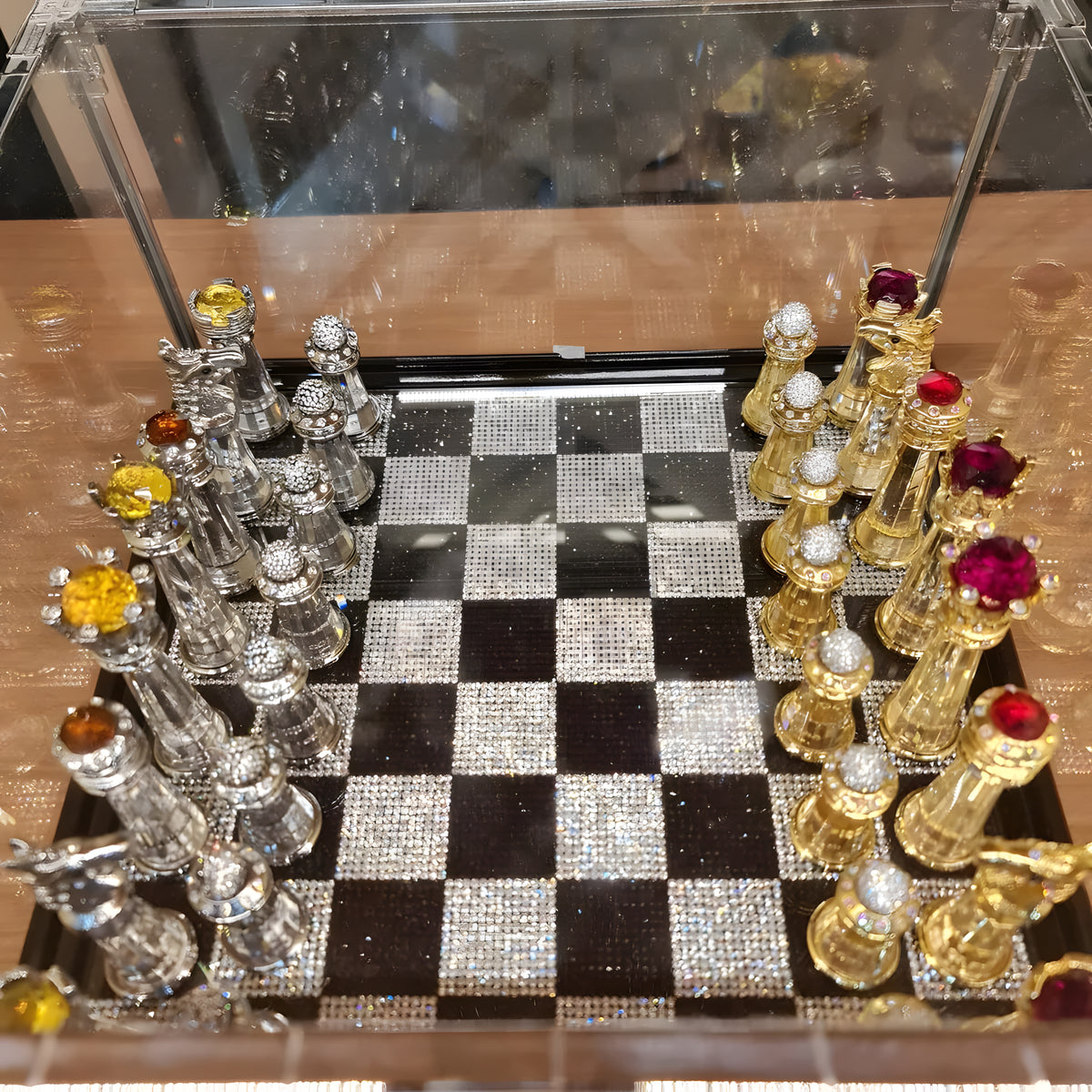 Full view of the crystal chess board with detailed handmade chess pieces