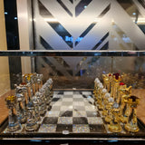 Egyptian handcrafted crystal chess set arranged for play