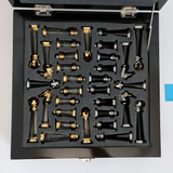 Angled view of crystal chess set highlighting sparkle