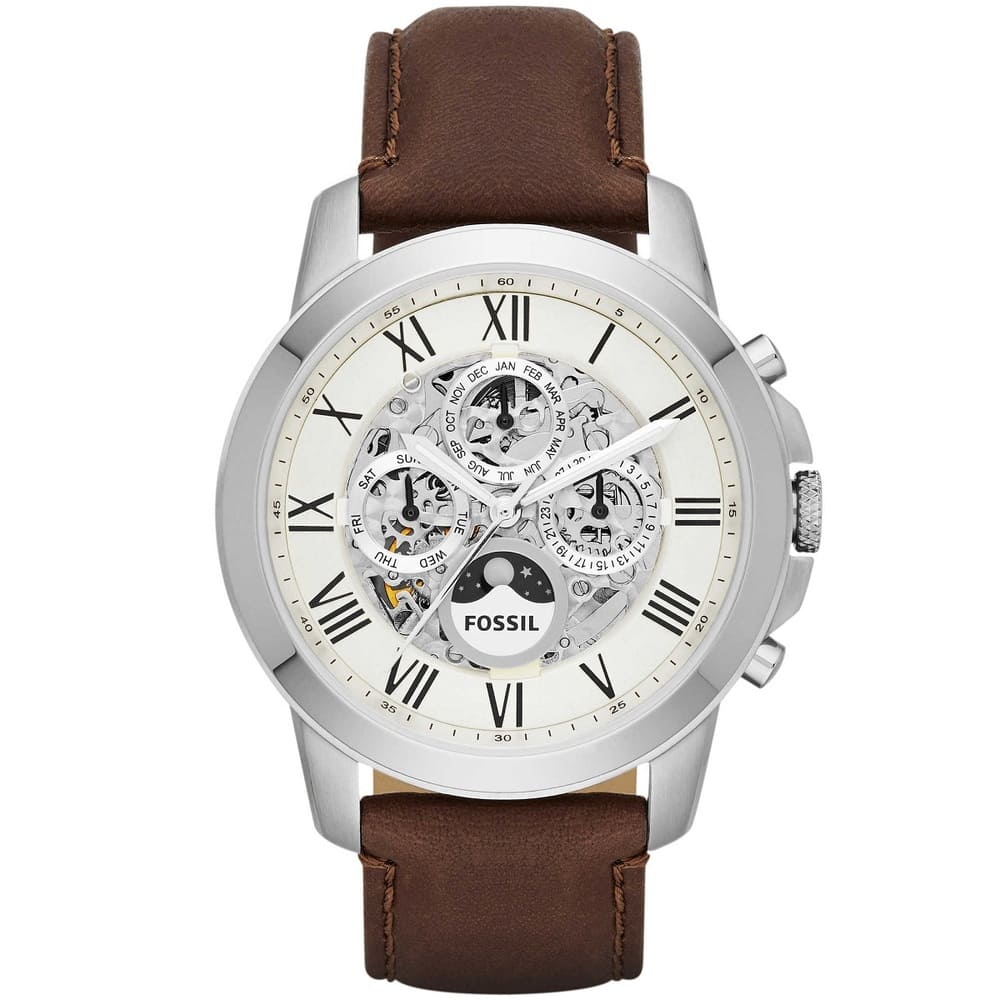 Fossil Grant ME3027 Men's Watch - White Dial and Brown Leather Strap