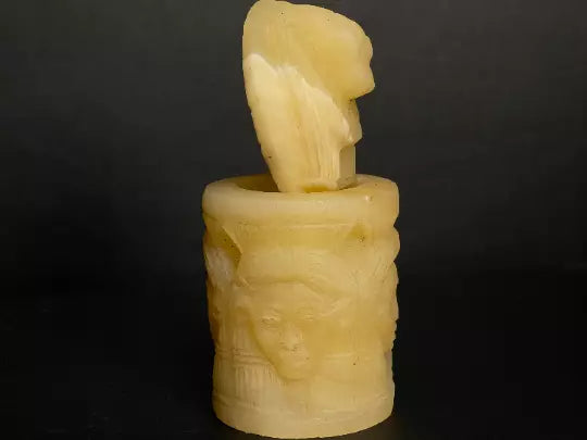 Alabaster Candle holder with Sekhmet goddess on the lid and Hathor goddess