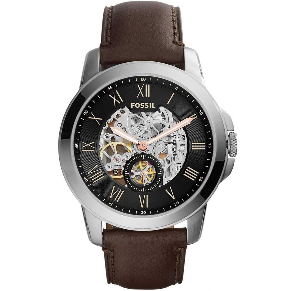 Fossil Grant Skeleton ME3095 Watch - Black Dial and Brown Leather Band