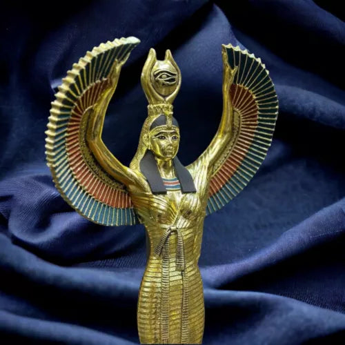 Exquisite Egyptian Goddess Isis Winged Statue, Solid Stone & Gold Leaf