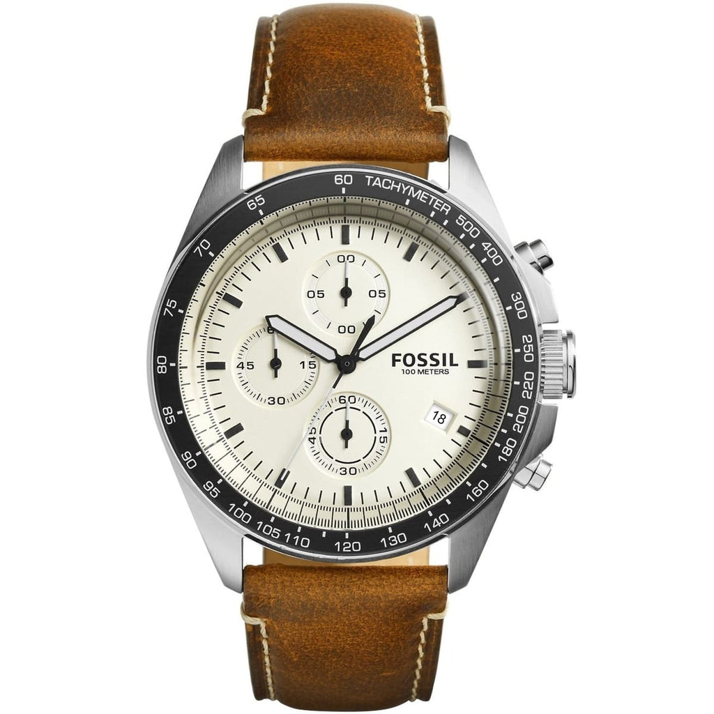 Fossil CH3023 Men's Sport Watch – White Dial and Brown Leather Strap