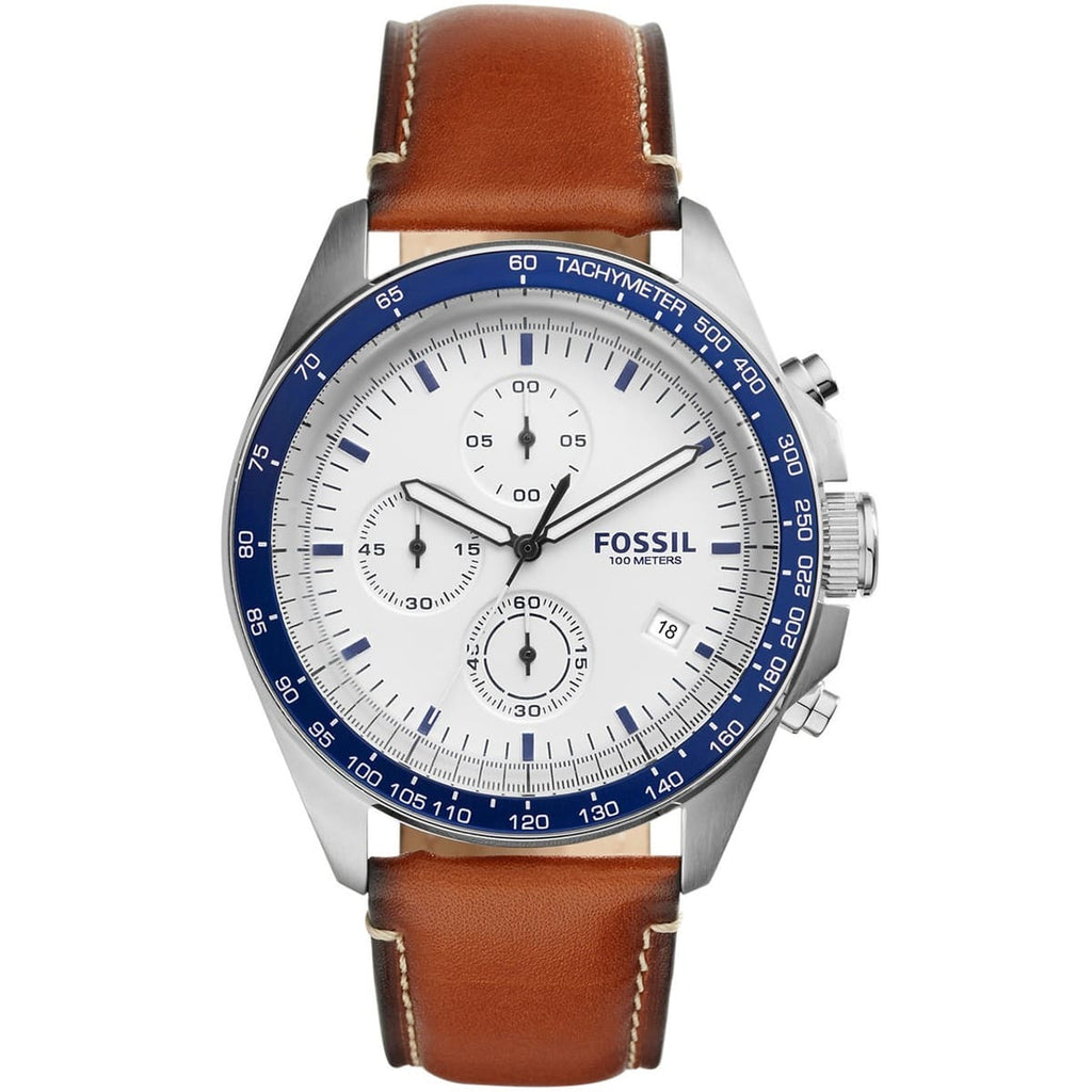 Fossil CH3029 Men's Sport Watch - White Face and Brown Leather Strap