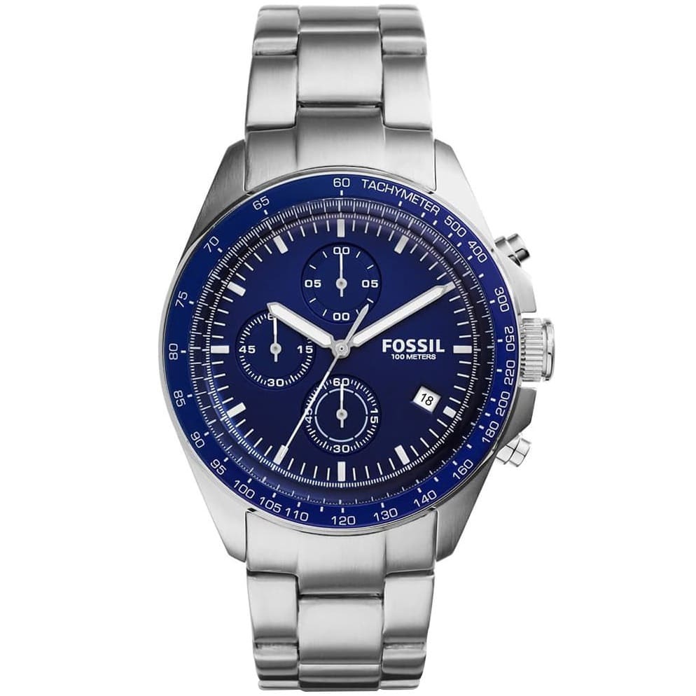 Fossil Sport 54 CH3030 Men's Watch - Blue Face with Silver Metal Strap