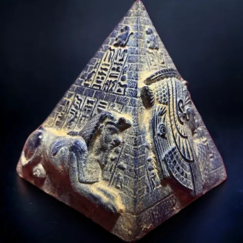 Ancient Egyptian Blue Pyramid Statue with Hieroglyphs